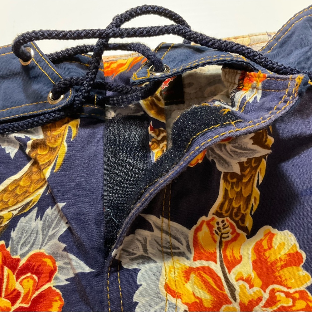Y2K Board Shorts Women/Junior Sz 5 Blue Orange Hawaiian Print Floral Dragon Dish - Picture 4 of 9